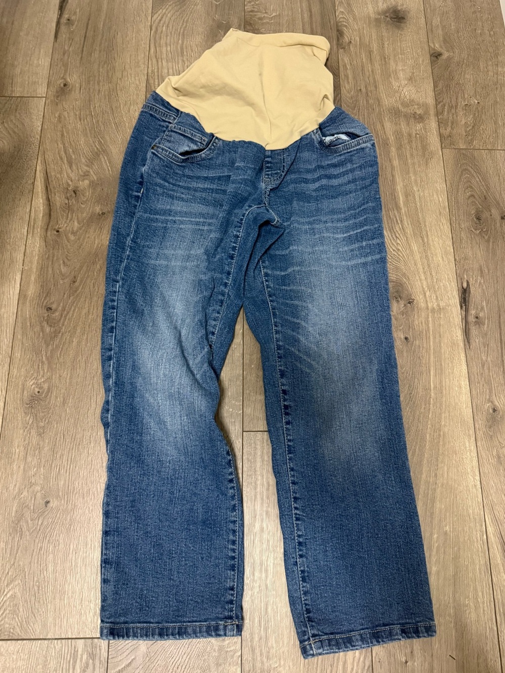 Motherhood Blue Denim Straight-Leg Maternity Jeans with Beige Panel